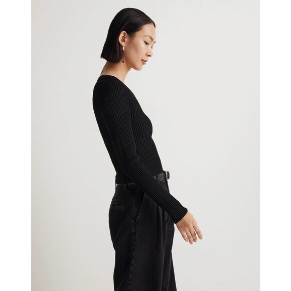 NEW Madewell Ottoman Black Ribbed Knit Square Neck Sweater Top Size XL - Picture 2 of 10